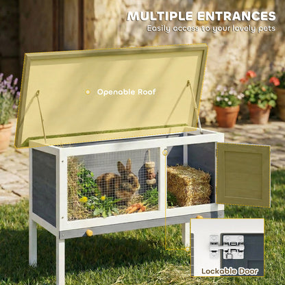 Wooden Rabbit Hutch 35.4 x 17.7 x 25.6 in, Elevated Outdoor Small Animal Cage with Hinged Bitumen Roof, Pull-Out Tray, Door & Metal Wire — Gray