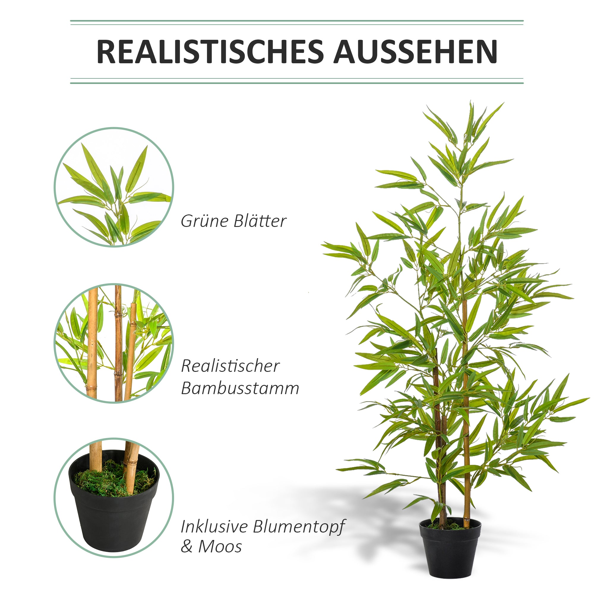 Large Artificial Bamboo 120cm Faux Plant, Plastic Artificial Plants in Pot, Fake Plant Bamboo with Artificial Moss for Living Room Bedroom Office Garden Modern Decoration