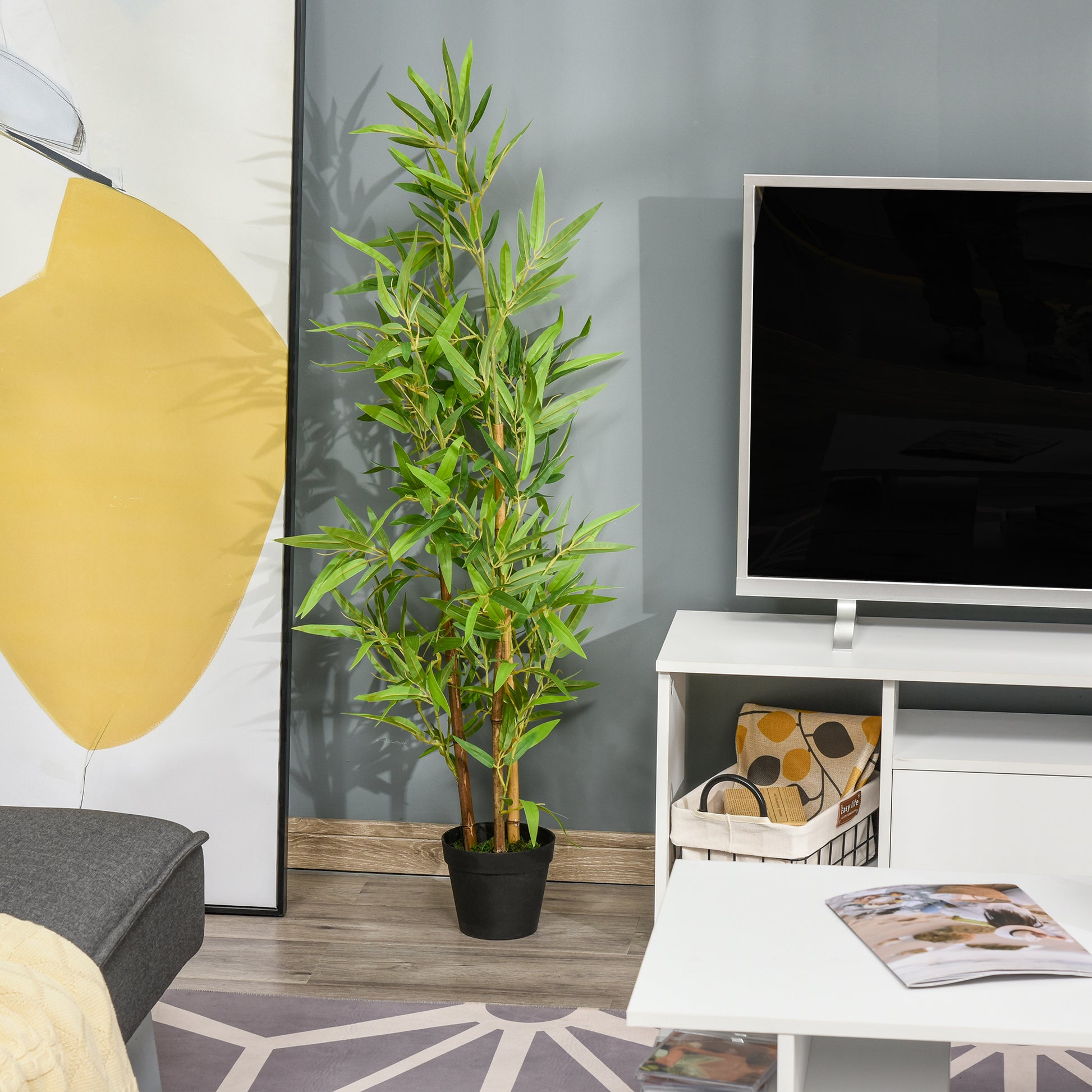 Large Artificial Bamboo 120cm Faux Plant, Plastic Artificial Plants in Pot, Fake Plant Bamboo with Artificial Moss for Living Room Bedroom Office Garden Modern Decoration