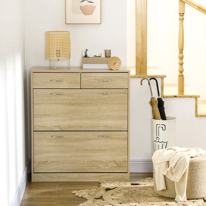 Narrow Shoe Cabinet Shoe Storage Organizer with 2 Flip-Down Drawers and 2 Removable Drawers for 12 Pairs of Shoes for Hallway 80x30x91.5 cm Oak