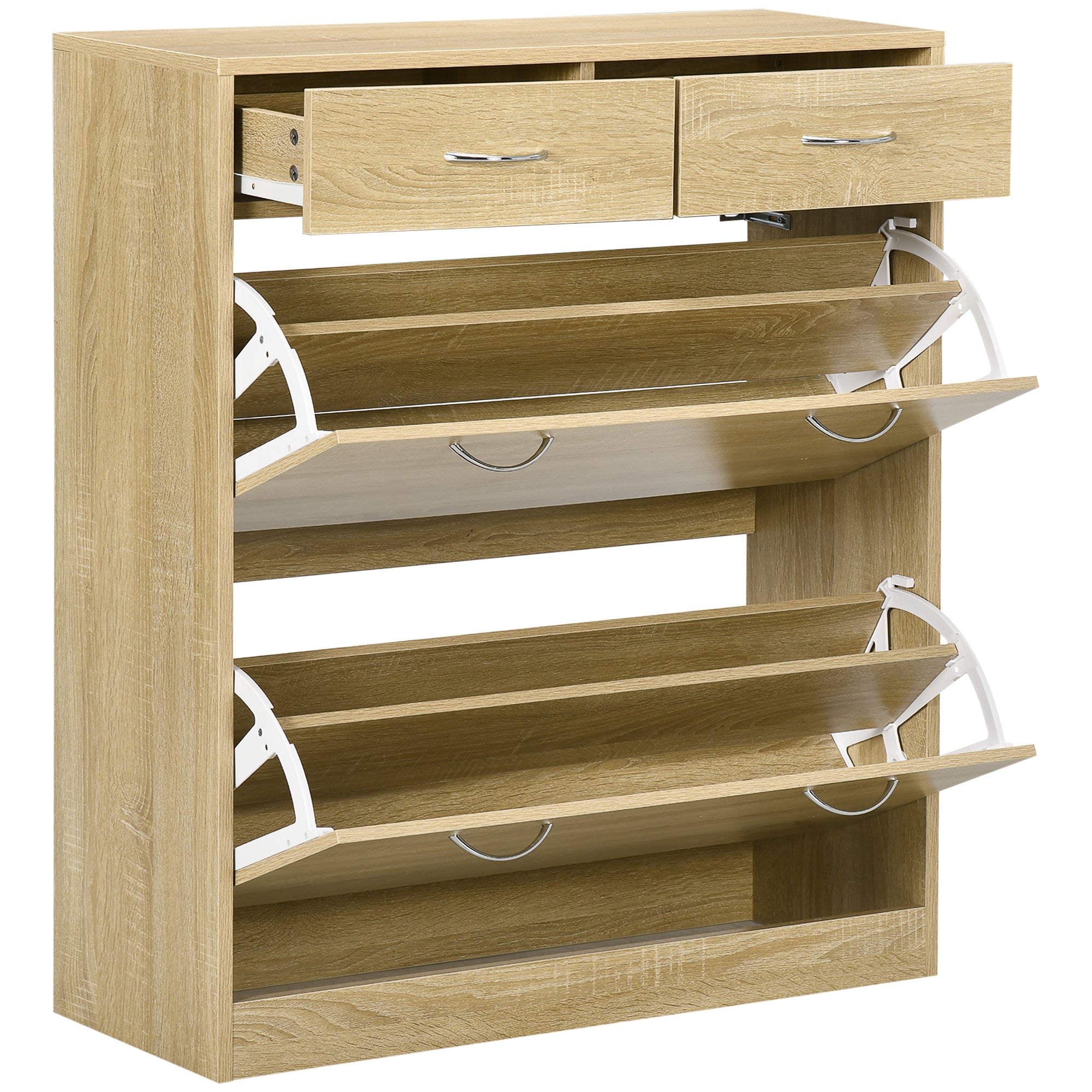 Narrow Shoe Cabinet Shoe Storage Organizer with 2 Flip-Down Drawers and 2 Removable Drawers for 12 Pairs of Shoes for Hallway 80x30x91.5 cm Oak