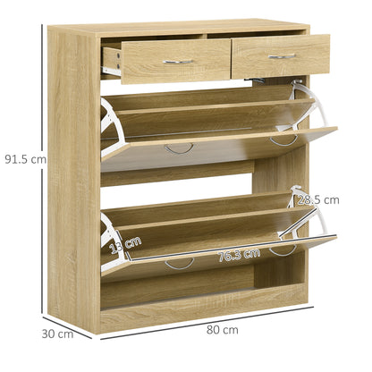 Narrow Shoe Cabinet Shoe Storage Organizer with 2 Flip-Down Drawers and 2 Removable Drawers for 12 Pairs of Shoes for Hallway 80x30x91.5 cm Oak