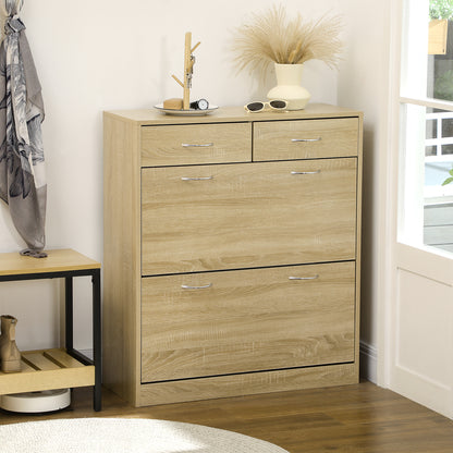 Narrow Shoe Cabinet Shoe Storage Organizer with 2 Flip-Down Drawers and 2 Removable Drawers for 12 Pairs of Shoes for Hallway 80x30x91.5 cm Oak