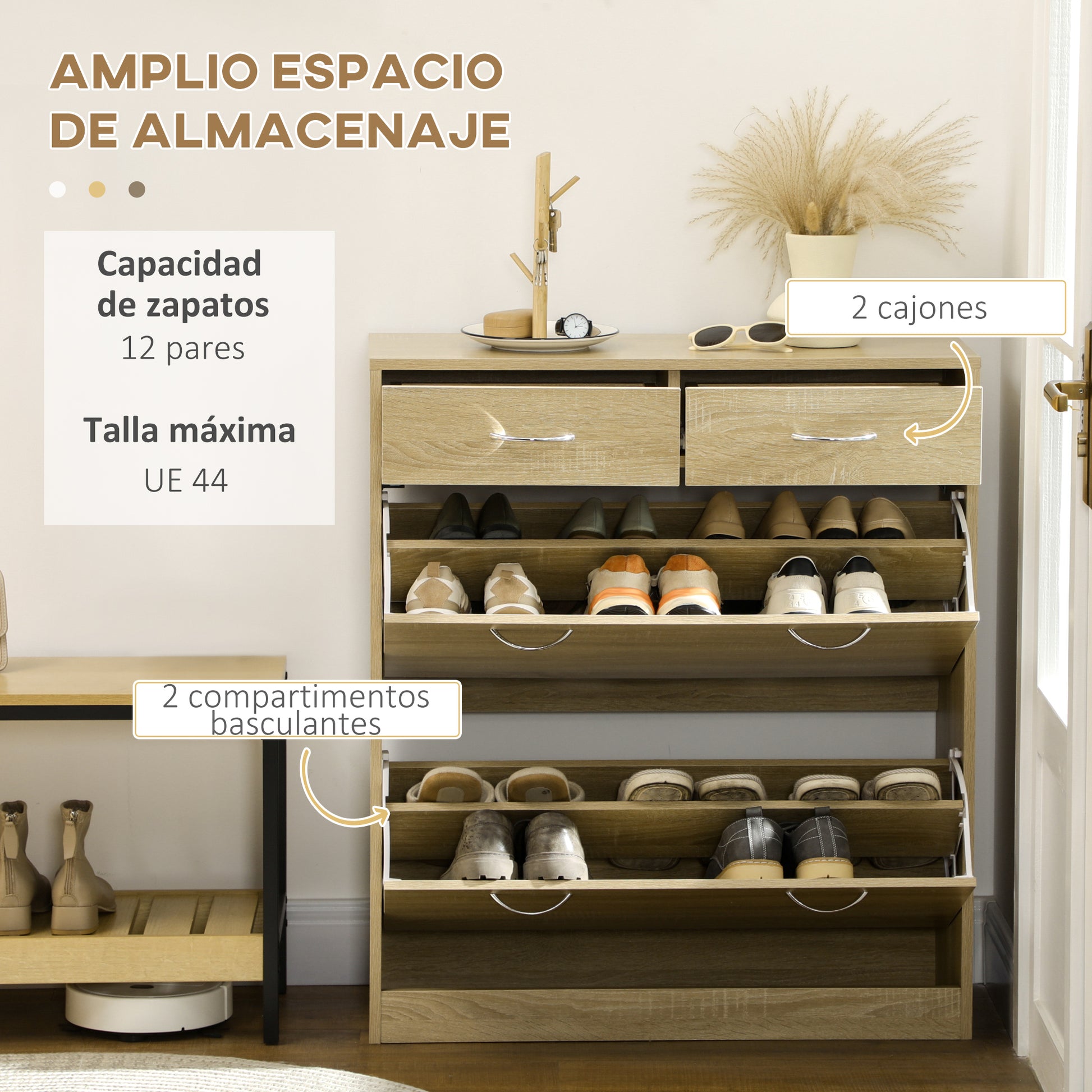 Narrow Shoe Cabinet Shoe Storage Organizer with 2 Flip-Down Drawers and 2 Removable Drawers for 12 Pairs of Shoes for Hallway 80x30x91.5 cm Oak