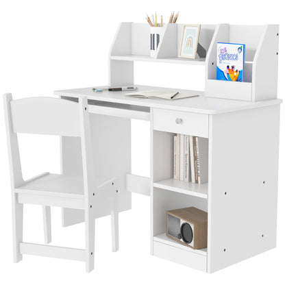 ZONEKIZ Kids Desk and Chair Set for +5 Years Old Children Children's Desk with 2 Drawers and Compartment for Bedroom Study Room White