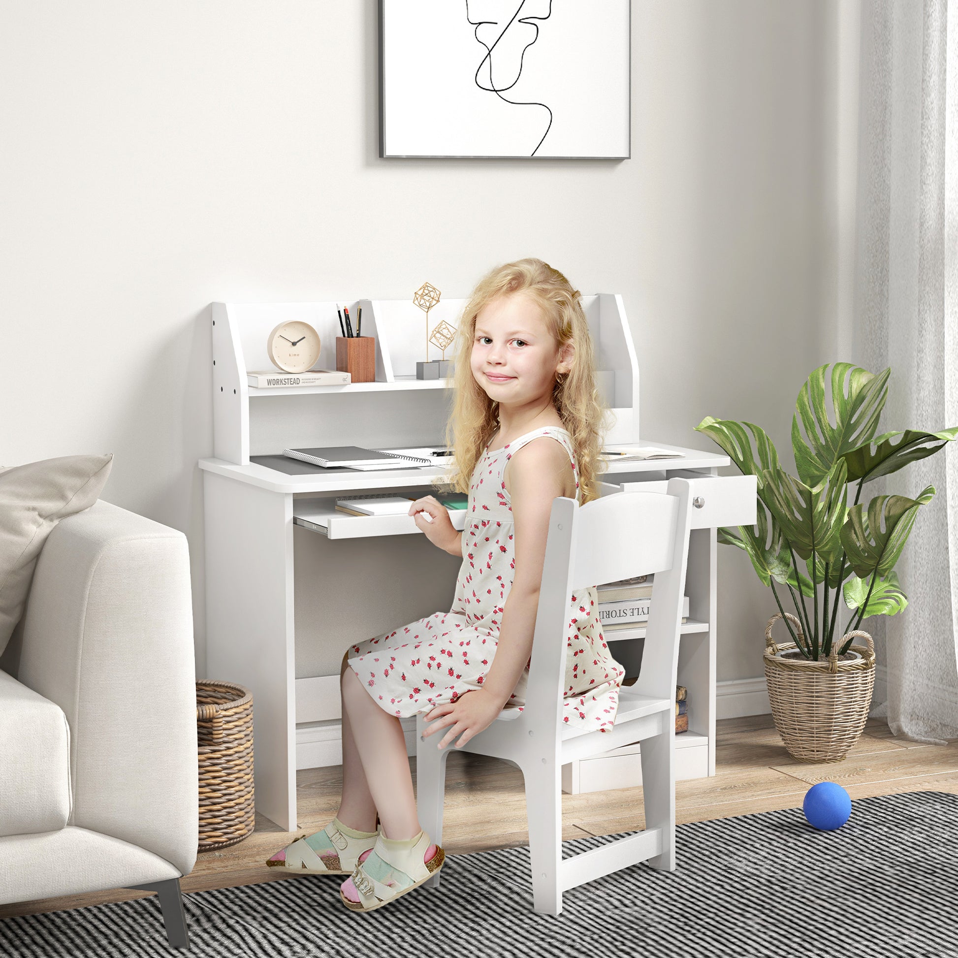 ZONEKIZ Kids Desk and Chair Set for +5 Years Old Children Children's Desk with 2 Drawers and Compartment for Bedroom Study Room White