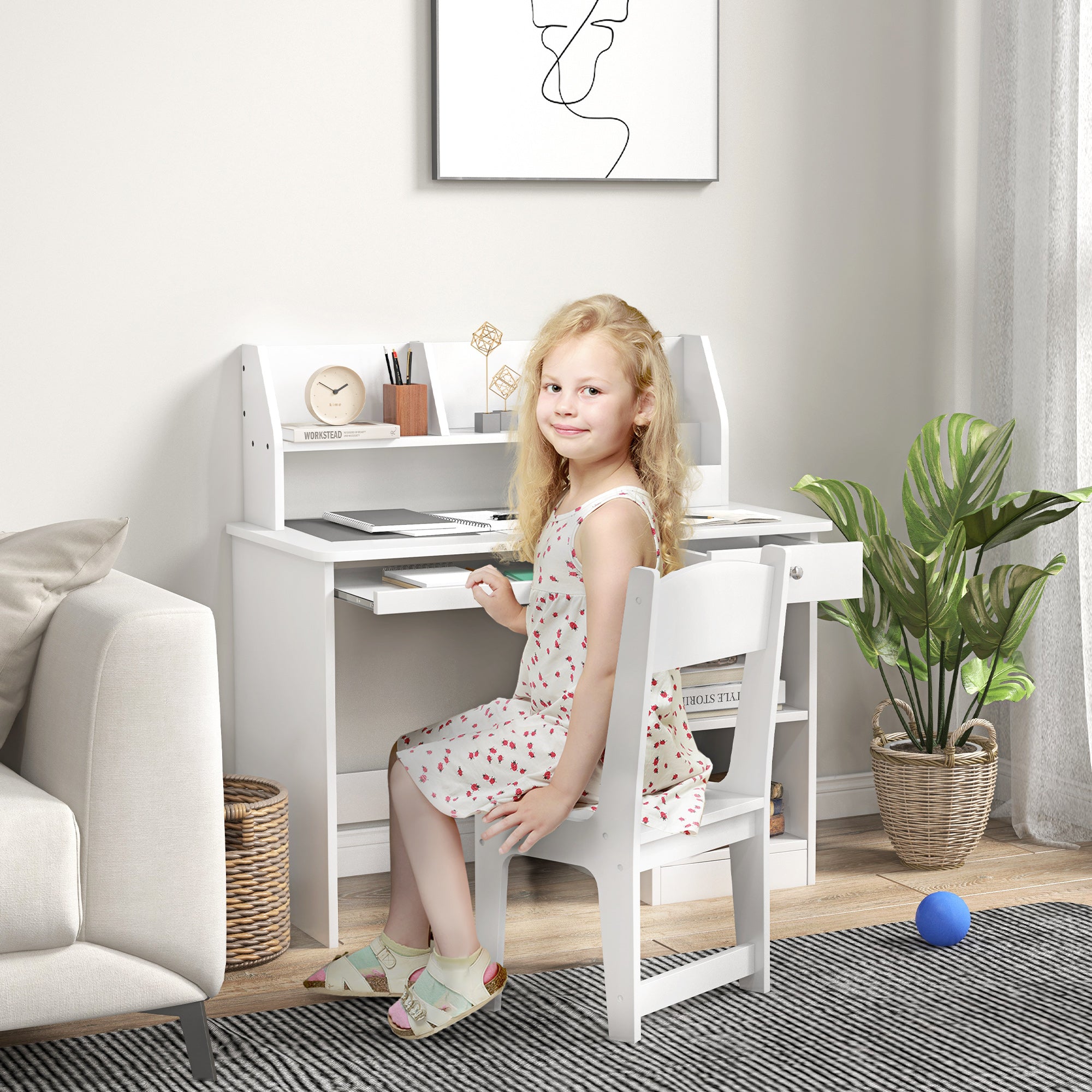 ZONEKIZ Kids Desk and Chair Set for +5 Years Old Children Children's Desk with 2 Drawers and Compartment for Bedroom Study Room White