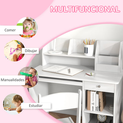 ZONEKIZ Kids Desk and Chair Set for +5 Years Old Children Children's Desk with 2 Drawers and Compartment for Bedroom Study Room White