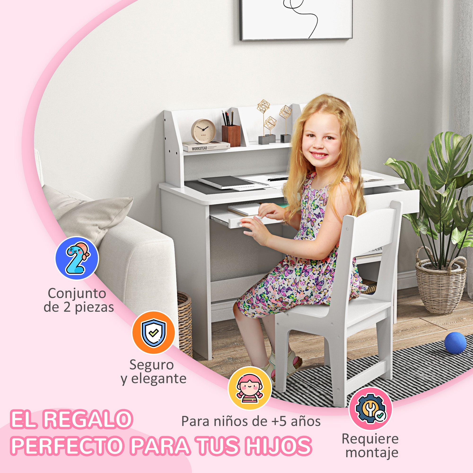 ZONEKIZ Kids Desk and Chair Set for +5 Years Old Children Children's Desk with 2 Drawers and Compartment for Bedroom Study Room White