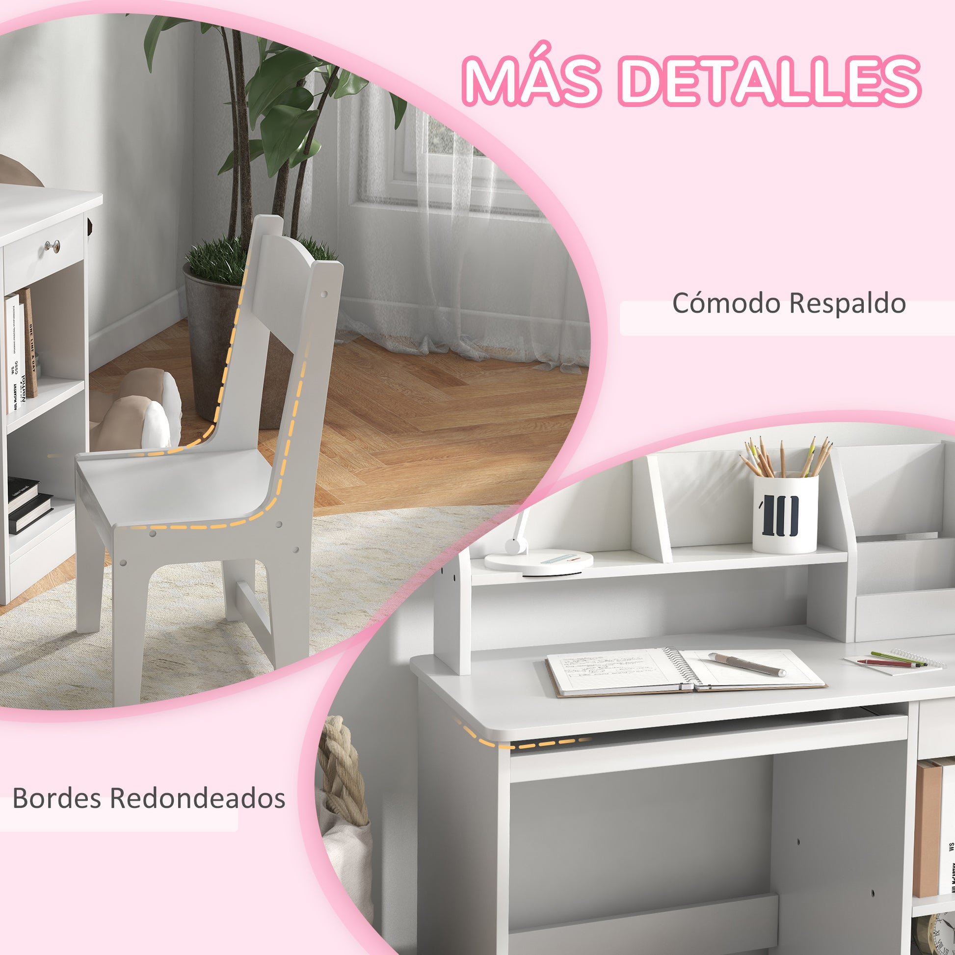 ZONEKIZ Kids Desk and Chair Set for +5 Years Old Children Children's Desk with 2 Drawers and Compartment for Bedroom Study Room White