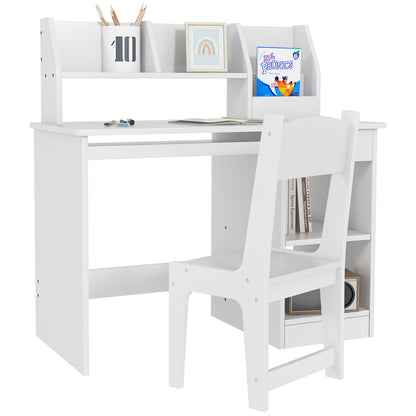 ZONEKIZ Kids Desk and Chair Set for +5 Years Old Children Children's Desk with 2 Drawers and Compartment for Bedroom Study Room White