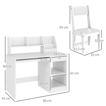 ZONEKIZ Kids Desk and Chair Set for +5 Years Old Children Children's Desk with 2 Drawers and Compartment for Bedroom Study Room White