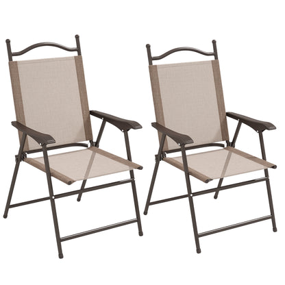Set of 2 Folding Garden Chairs, Outdoor Chairs with Armrests and Breathable Fabric Seat, Brown