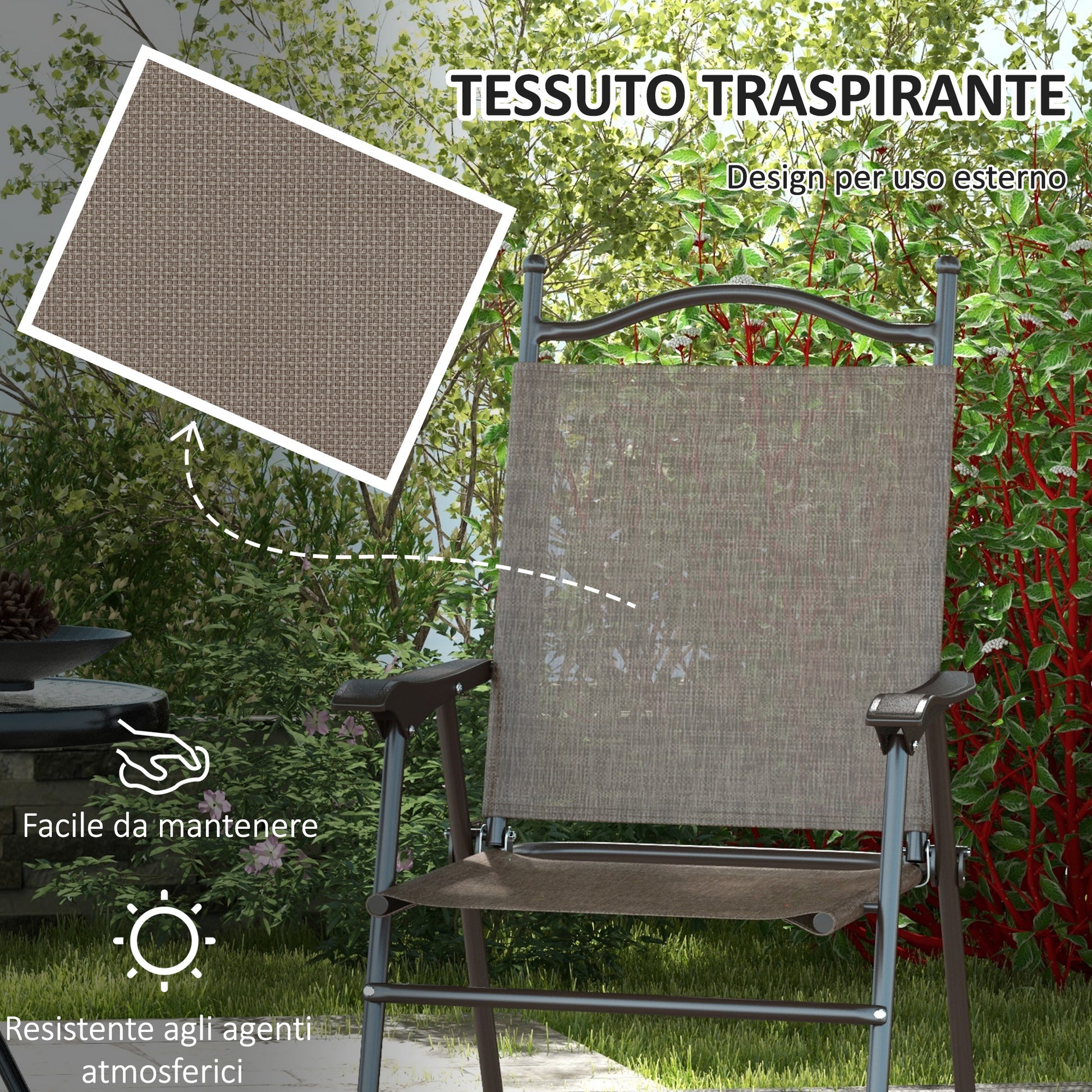 Set of 2 Folding Garden Chairs, Outdoor Chairs with Armrests and Breathable Fabric Seat, Brown