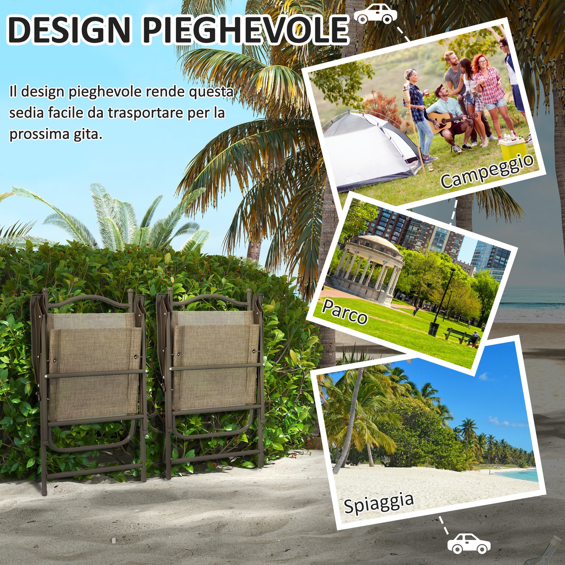 Set of 2 Folding Garden Chairs, Outdoor Chairs with Armrests and Breathable Fabric Seat, Brown