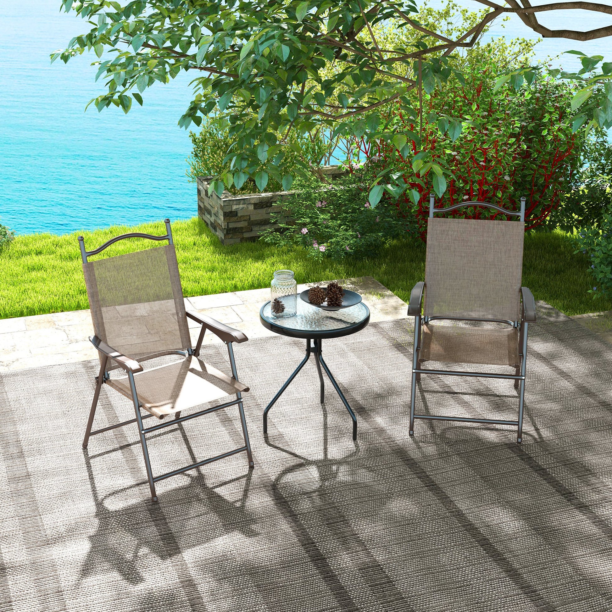 Set of 2 Folding Garden Chairs, Outdoor Chairs with Armrests and Breathable Fabric Seat, Brown