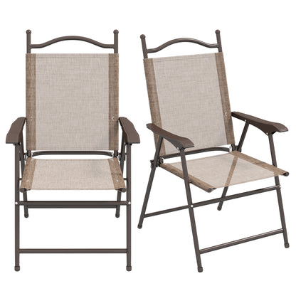 Set of 2 Folding Garden Chairs, Outdoor Chairs with Armrests and Breathable Fabric Seat, Brown
