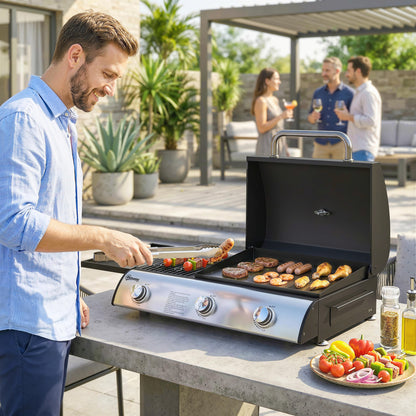 7.5 kW Portable Tabletop Gas Grill — 3 Burners, Griddle, Side Shelf, Enamel Grates, Removable Grease Tray & Thermometer — Ideal for Garden, Balcony & Picnics