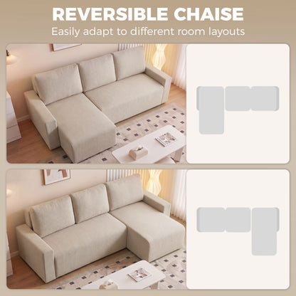 L-Shaped 3-Seater Corner Sofa Bed with Reversible Chaise – Faux Suede, Beige