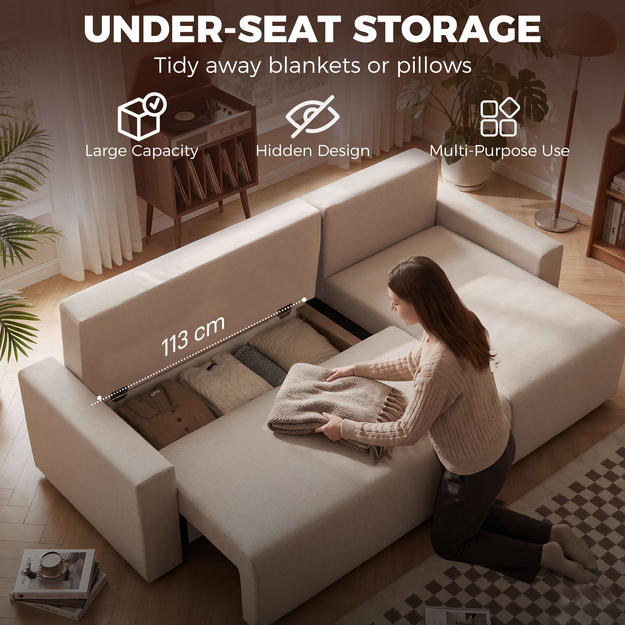 L-Shaped 3-Seater Corner Sofa Bed with Reversible Chaise – Faux Suede, Beige