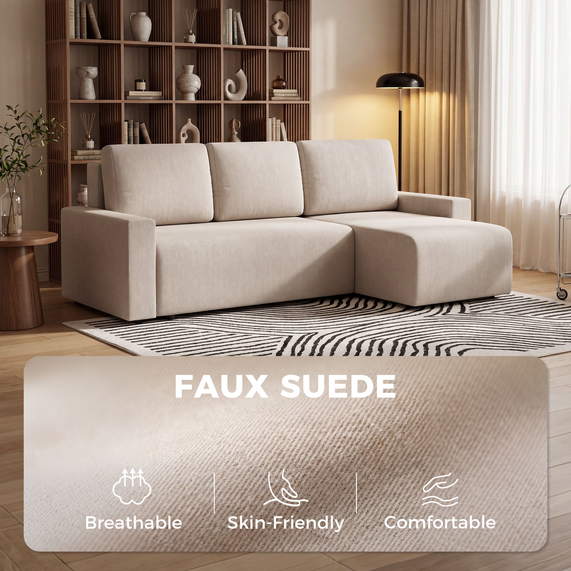 L-Shaped 3-Seater Corner Sofa Bed with Reversible Chaise – Faux Suede, Beige