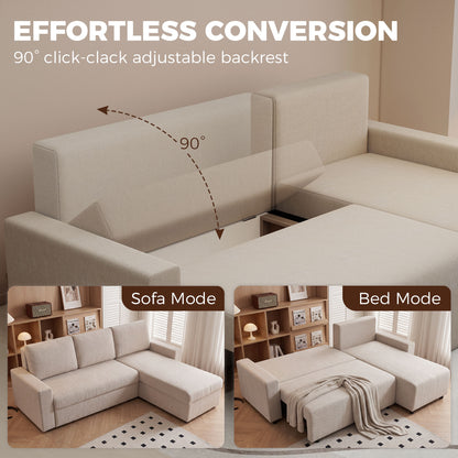 L-Shaped 3-Seater Corner Sofa Bed with Reversible Chaise – Faux Suede, Beige
