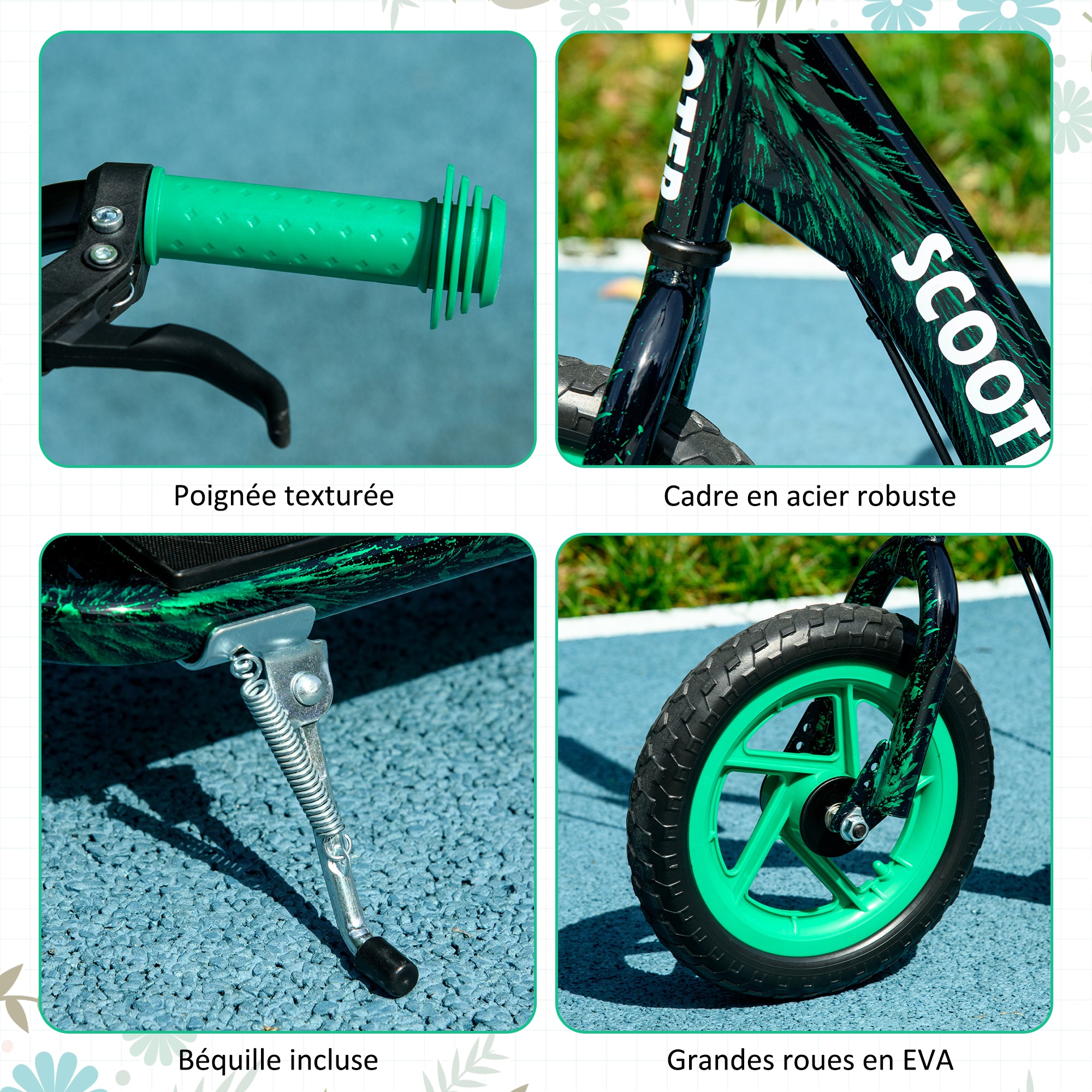 Children's Scooter with Large Wheels for Ages 6-12 Height Adjustable Rear Brake Kickstand Green