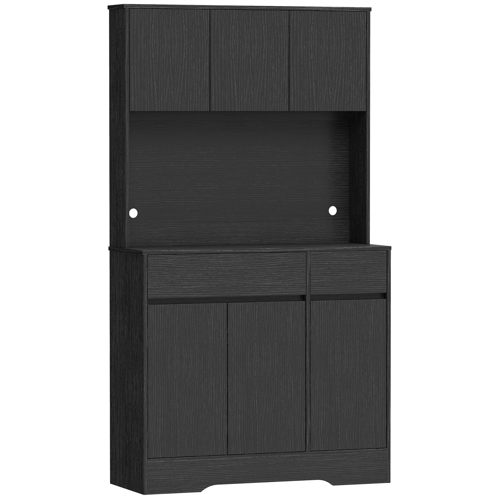 Kitchen Pantry Cabinet with Worktop, 6 Doors, Adjustable Shelves & Microwave Shelf, Cable Management — Black (39.4 x 15.0 x 70.9 in)