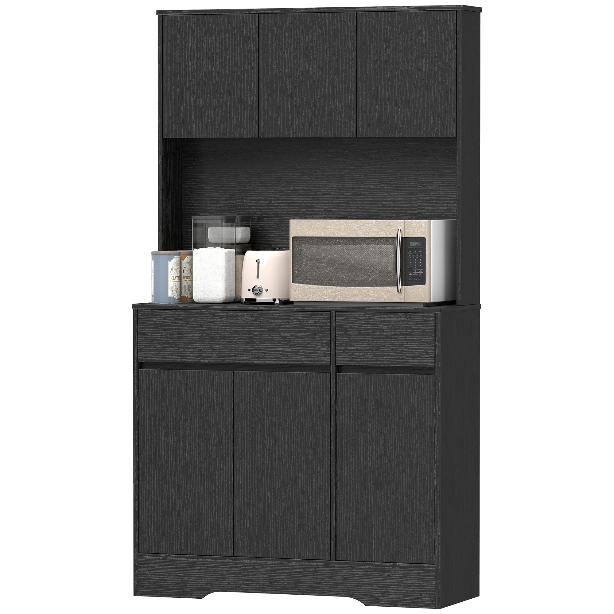Kitchen Pantry Cabinet with Worktop, 6 Doors, Adjustable Shelves & Microwave Shelf, Cable Management — Black (39.4 x 15.0 x 70.9 in)