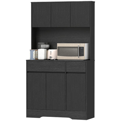 Kitchen Pantry Cabinet with Worktop, 6 Doors, Adjustable Shelves & Microwave Shelf, Cable Management — Black (39.4 x 15.0 x 70.9 in)