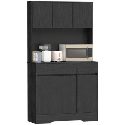 Kitchen Pantry Cabinet with Worktop, 6 Doors, Adjustable Shelves & Microwave Shelf, Cable Management — Black (39.4 x 15.0 x 70.9 in)