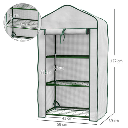 3-Tier Garden Greenhouse Terrace Greenhouse with 3 Shelves 1 Zippered Door for Cultivating Plants Flowers Vegetables 59x39x127 cm White
