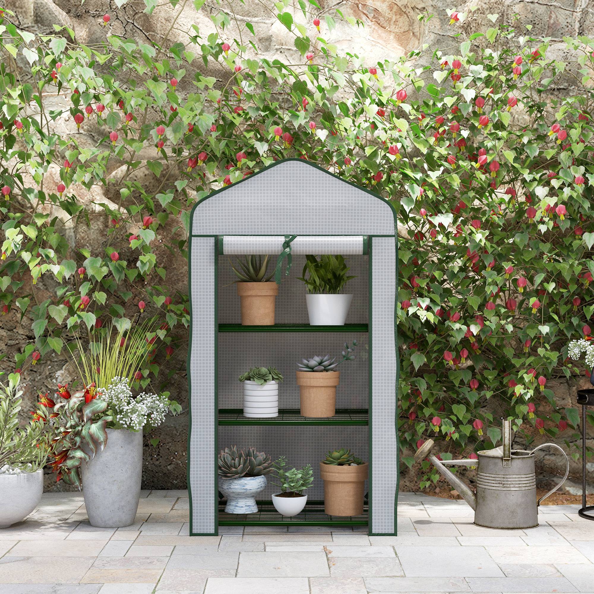 3-Tier Garden Greenhouse Terrace Greenhouse with 3 Shelves 1 Zippered Door for Cultivating Plants Flowers Vegetables 59x39x127 cm White