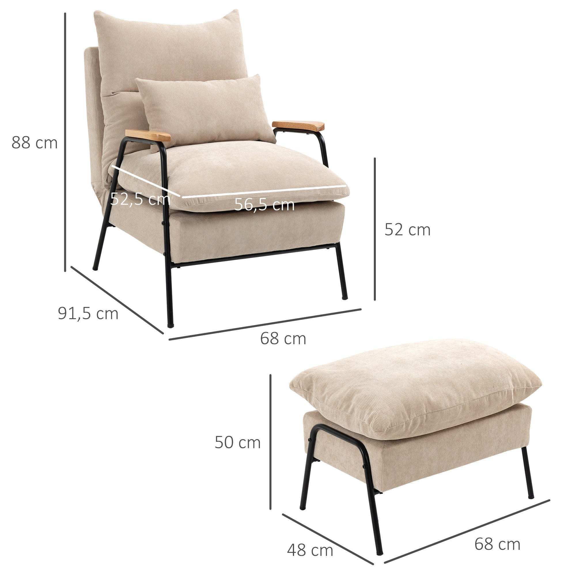 Recliner with Footstool Chair with Adjustable Backrest, Reclining Function, Cushion, Modern Lounge Chair with Corduroy Look for Living Room up to 180 kg Capacity, Beige