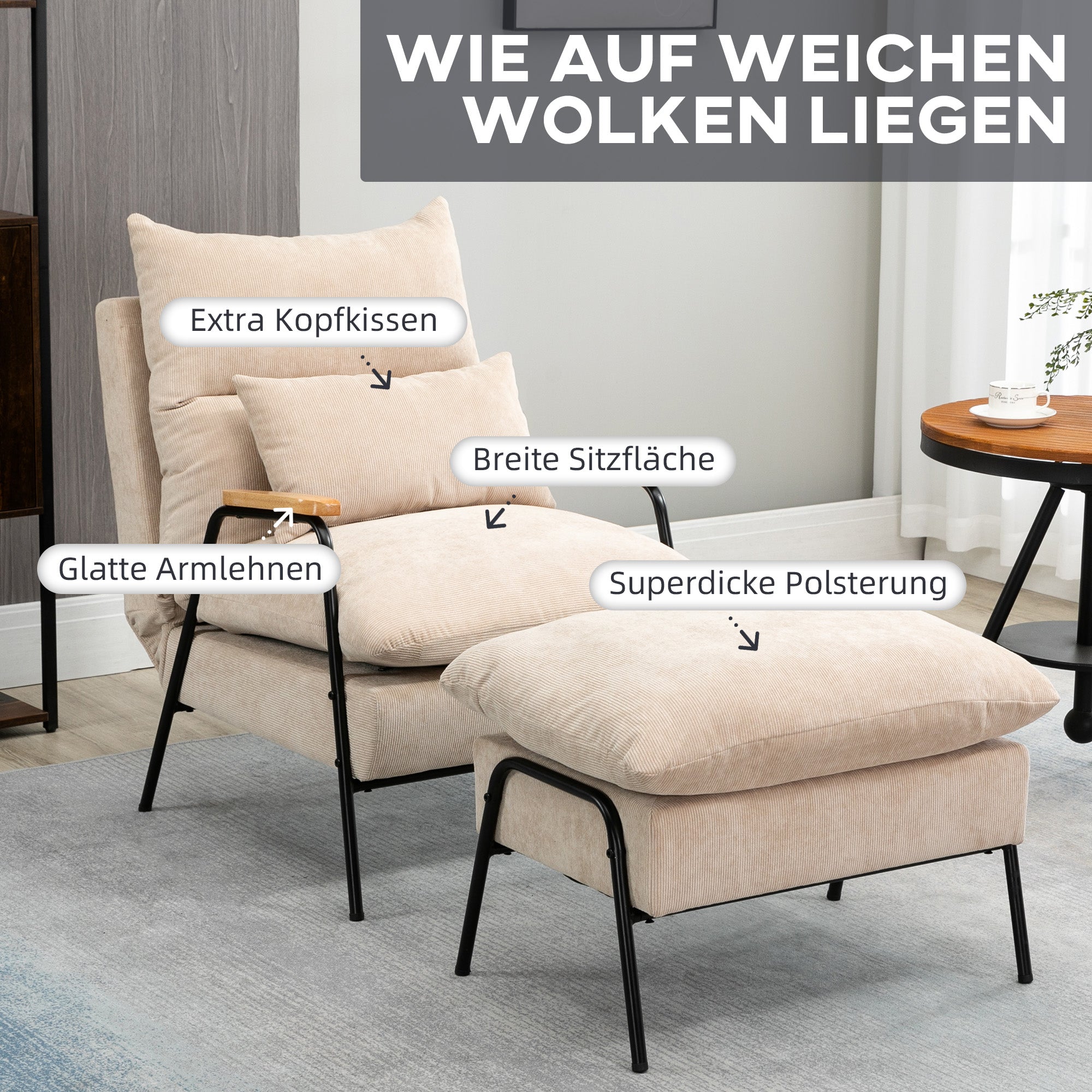 Recliner with Footstool Chair with Adjustable Backrest, Reclining Function, Cushion, Modern Lounge Chair with Corduroy Look for Living Room up to 180 kg Capacity, Beige
