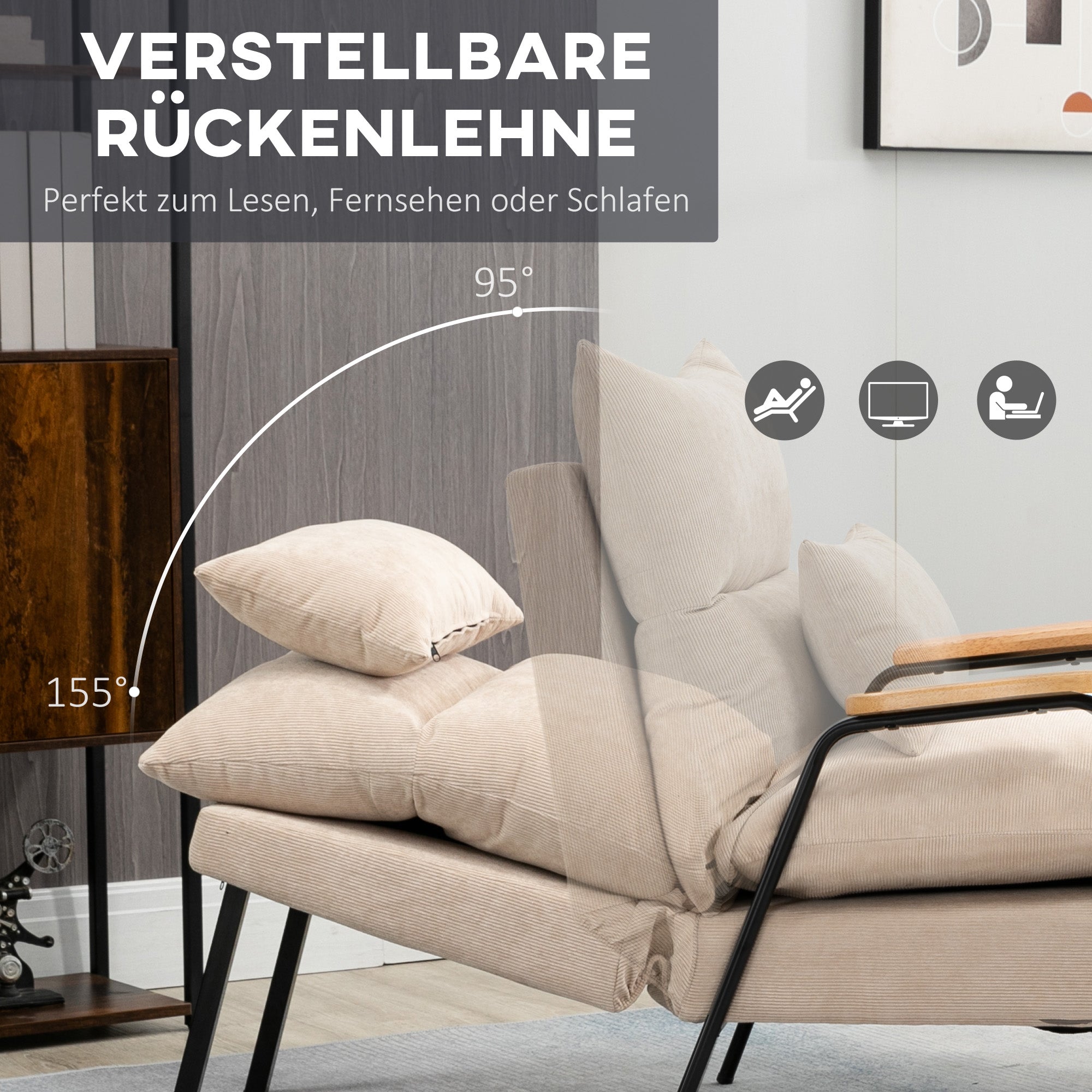 Recliner with Footstool Chair with Adjustable Backrest, Reclining Function, Cushion, Modern Lounge Chair with Corduroy Look for Living Room up to 180 kg Capacity, Beige
