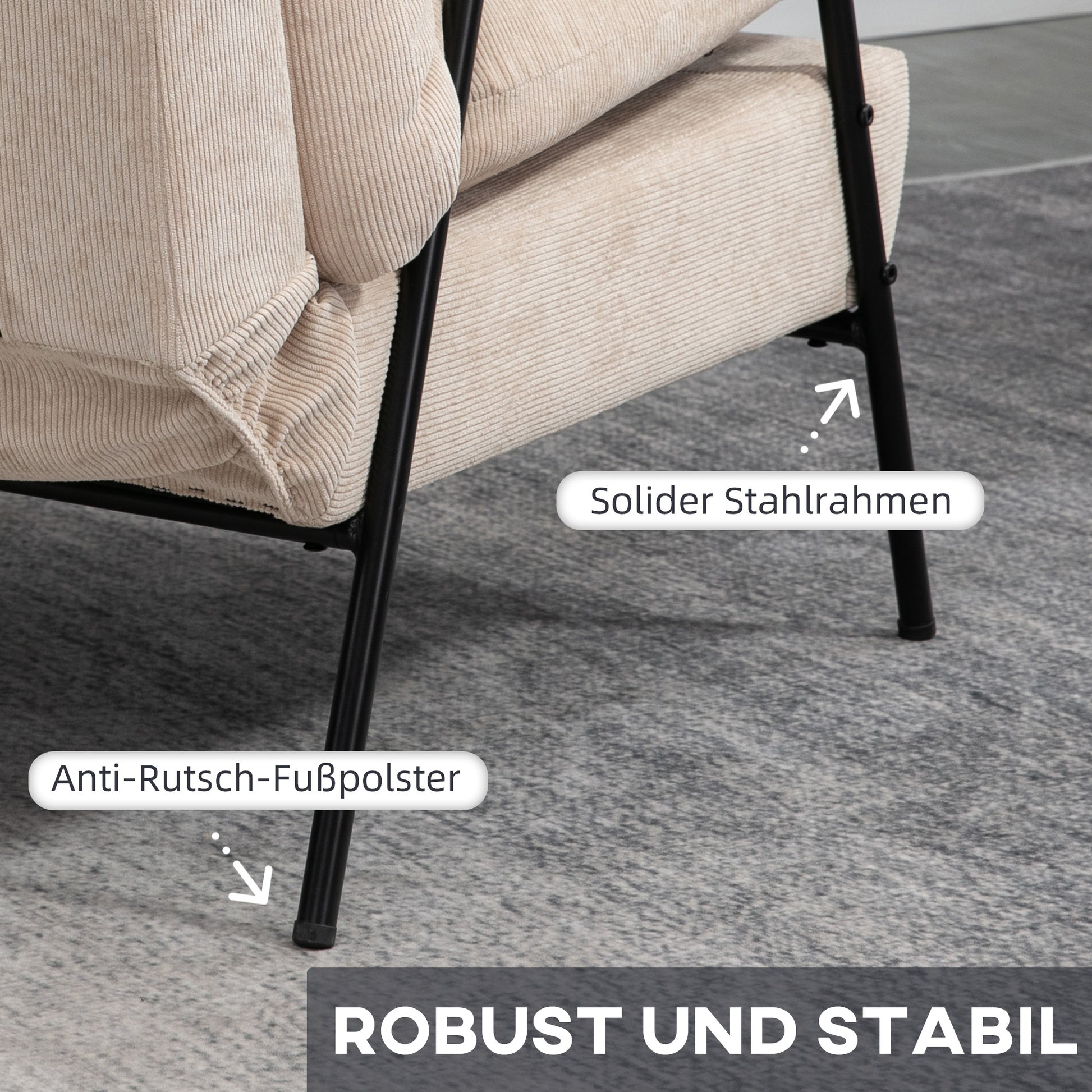 Recliner with Footstool Chair with Adjustable Backrest, Reclining Function, Cushion, Modern Lounge Chair with Corduroy Look for Living Room up to 180 kg Capacity, Beige