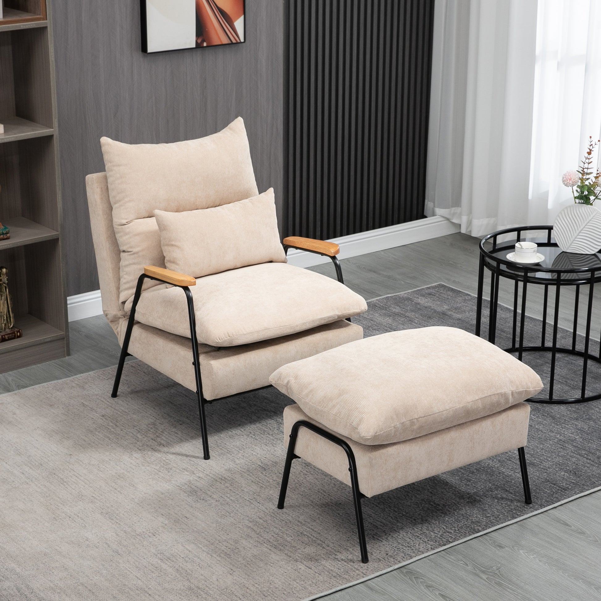 Recliner with Footstool Chair with Adjustable Backrest, Reclining Function, Cushion, Modern Lounge Chair with Corduroy Look for Living Room up to 180 kg Capacity, Beige