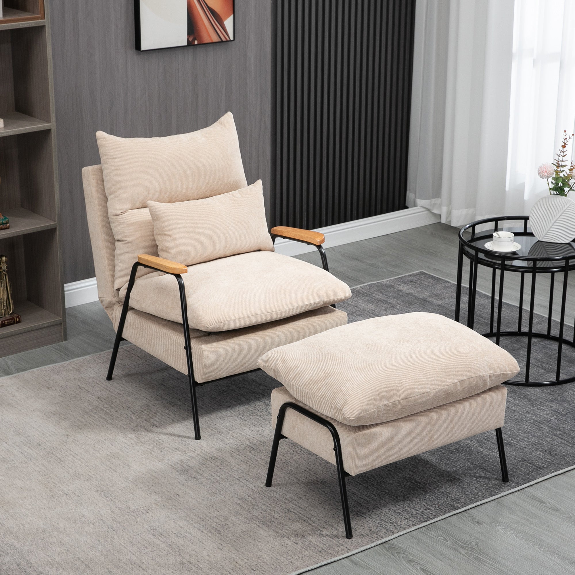 Recliner with Footstool Chair with Adjustable Backrest, Reclining Function, Cushion, Modern Lounge Chair with Corduroy Look for Living Room up to 180 kg Capacity, Beige