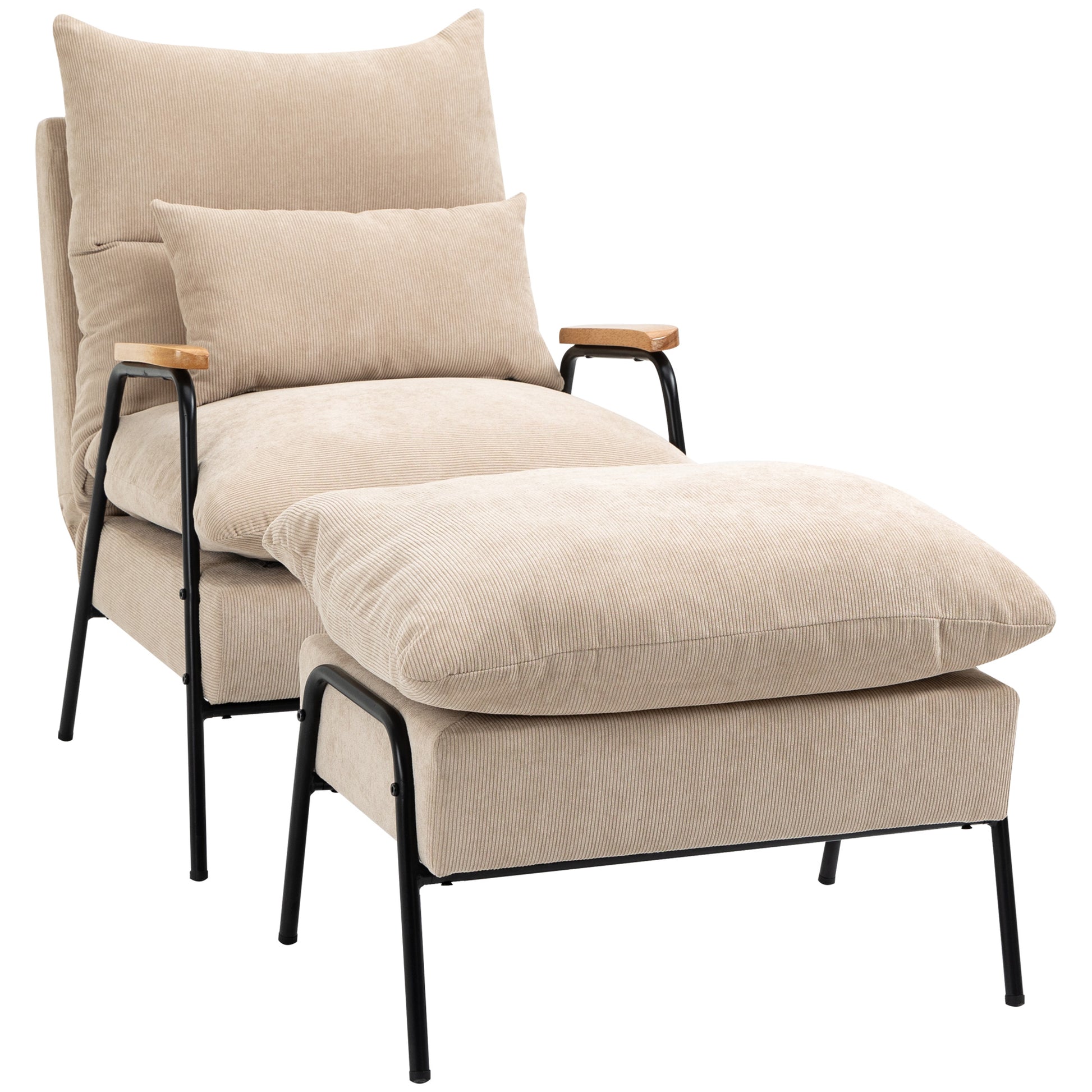 Recliner with Footstool Chair with Adjustable Backrest, Reclining Function, Cushion, Modern Lounge Chair with Corduroy Look for Living Room up to 180 kg Capacity, Beige