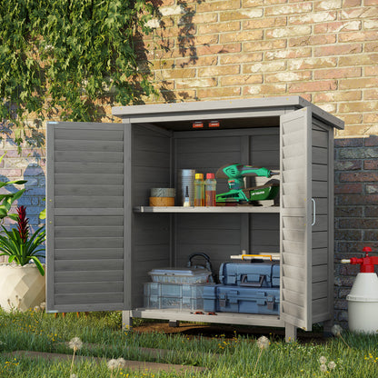 Wooden Garden Storage Shed with 2 Interior Shelves, 2 Doors, and Sloping Roof for Outdoor Terrace 87x46.5x96.5 cm Gray