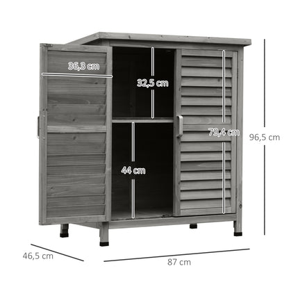 Wooden Garden Storage Shed with 2 Interior Shelves, 2 Doors, and Sloping Roof for Outdoor Terrace 87x46.5x96.5 cm Gray