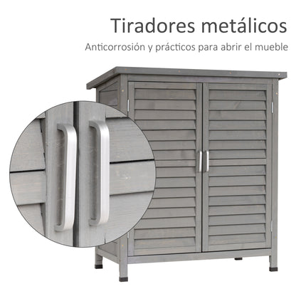 Wooden Garden Storage Shed with 2 Interior Shelves, 2 Doors, and Sloping Roof for Outdoor Terrace 87x46.5x96.5 cm Gray