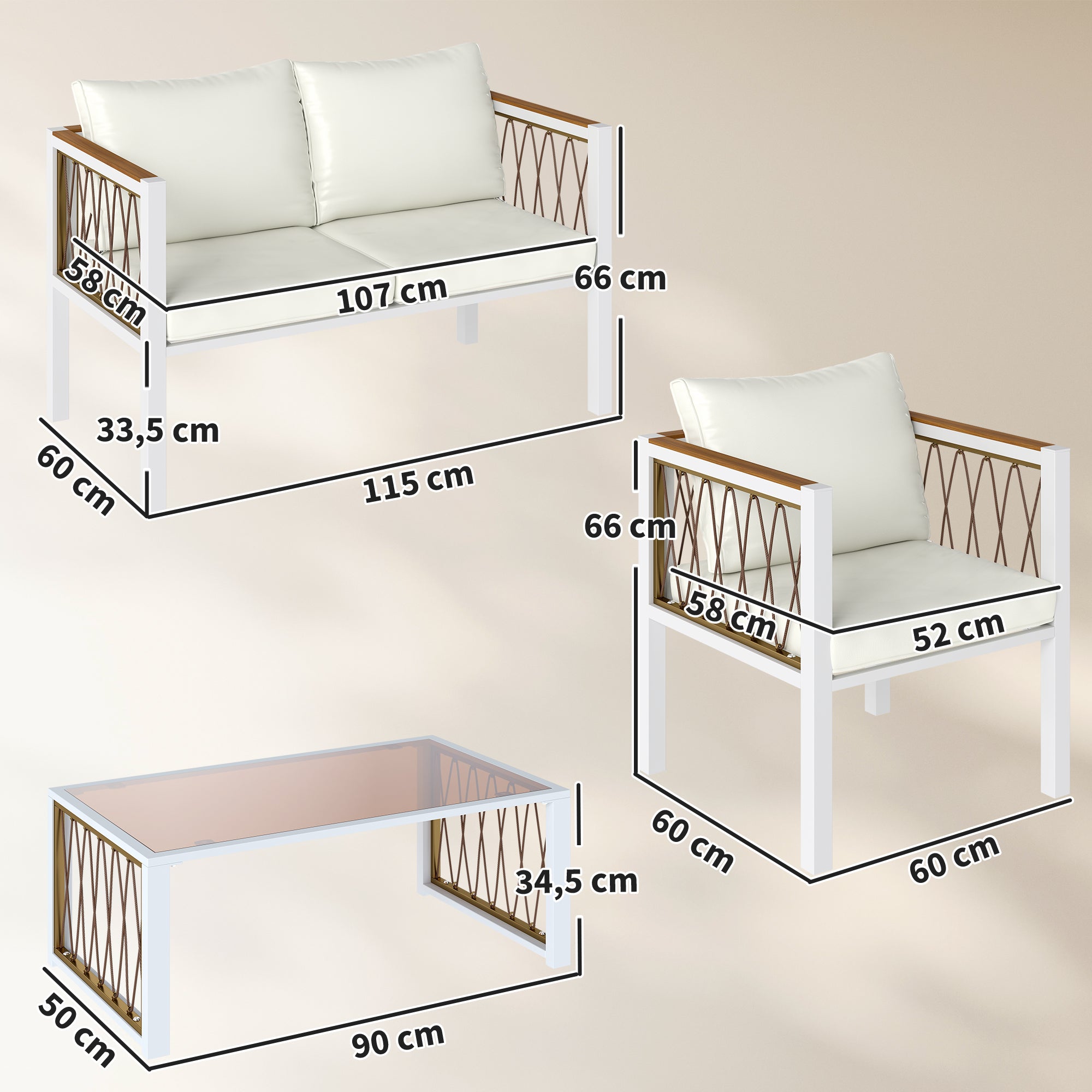4-Piece Outdoor Rattan Lounge Set — Loveseat, 2 Armchairs & Glass Coffee Table, Removable Cushions, Non-Slip Pads, Balcony/Garden Seating for 4, Cream White