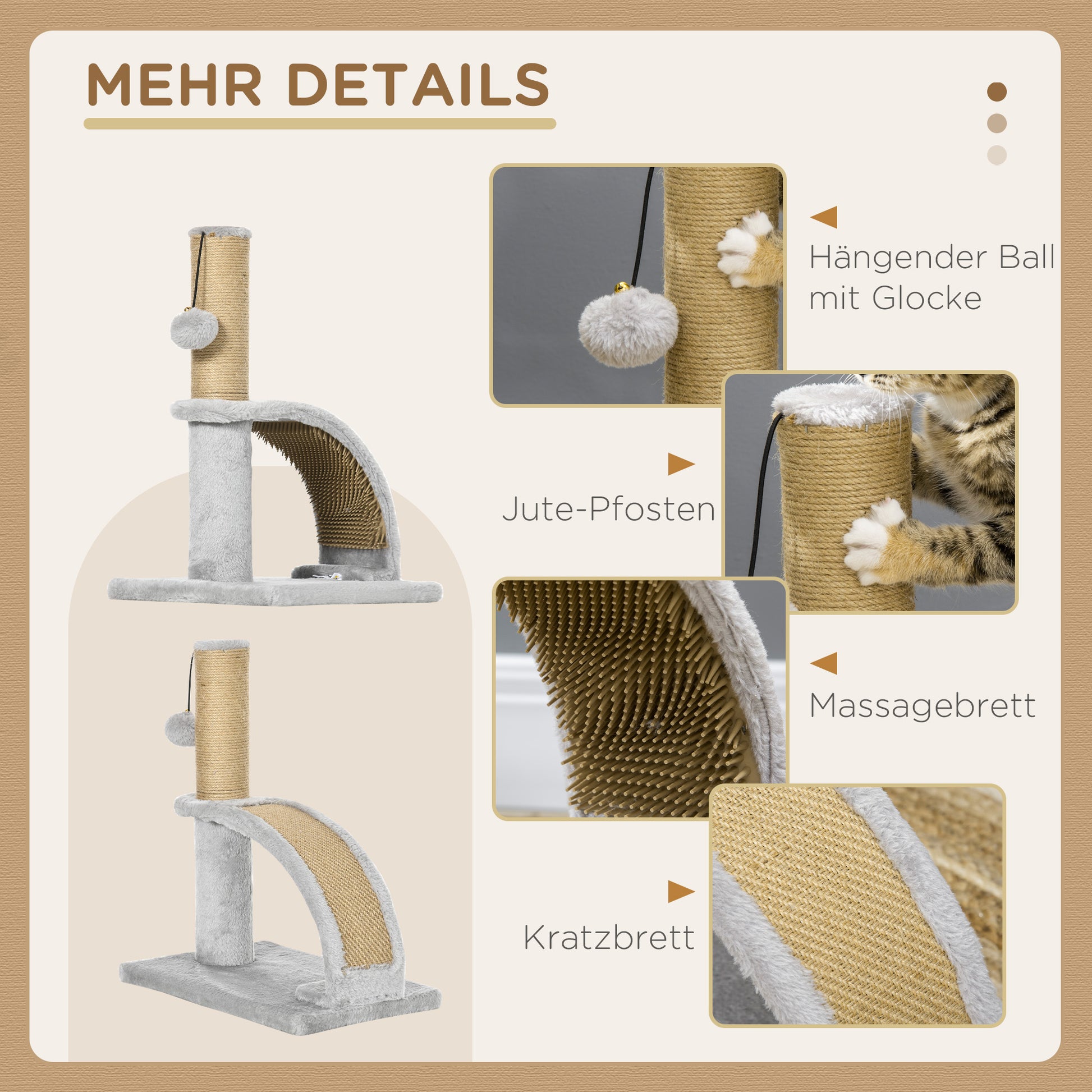 Small Cat Scratching Post Scratching Pole for Cats under 4.5 kg with Cat Scratching Plate, Scratching Post, Cat Stimulating Ball 34 x 24 x 43 cm Gray