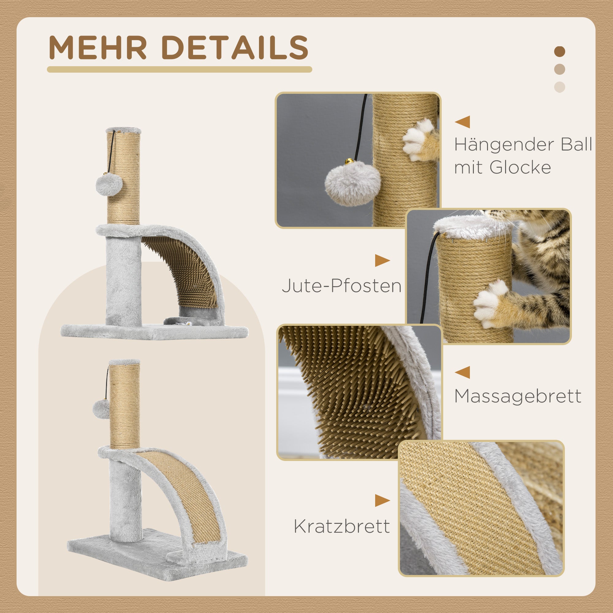 Small Cat Scratching Post Scratching Pole for Cats under 4.5 kg with Cat Scratching Plate, Scratching Post, Cat Stimulating Ball 34 x 24 x 43 cm Gray
