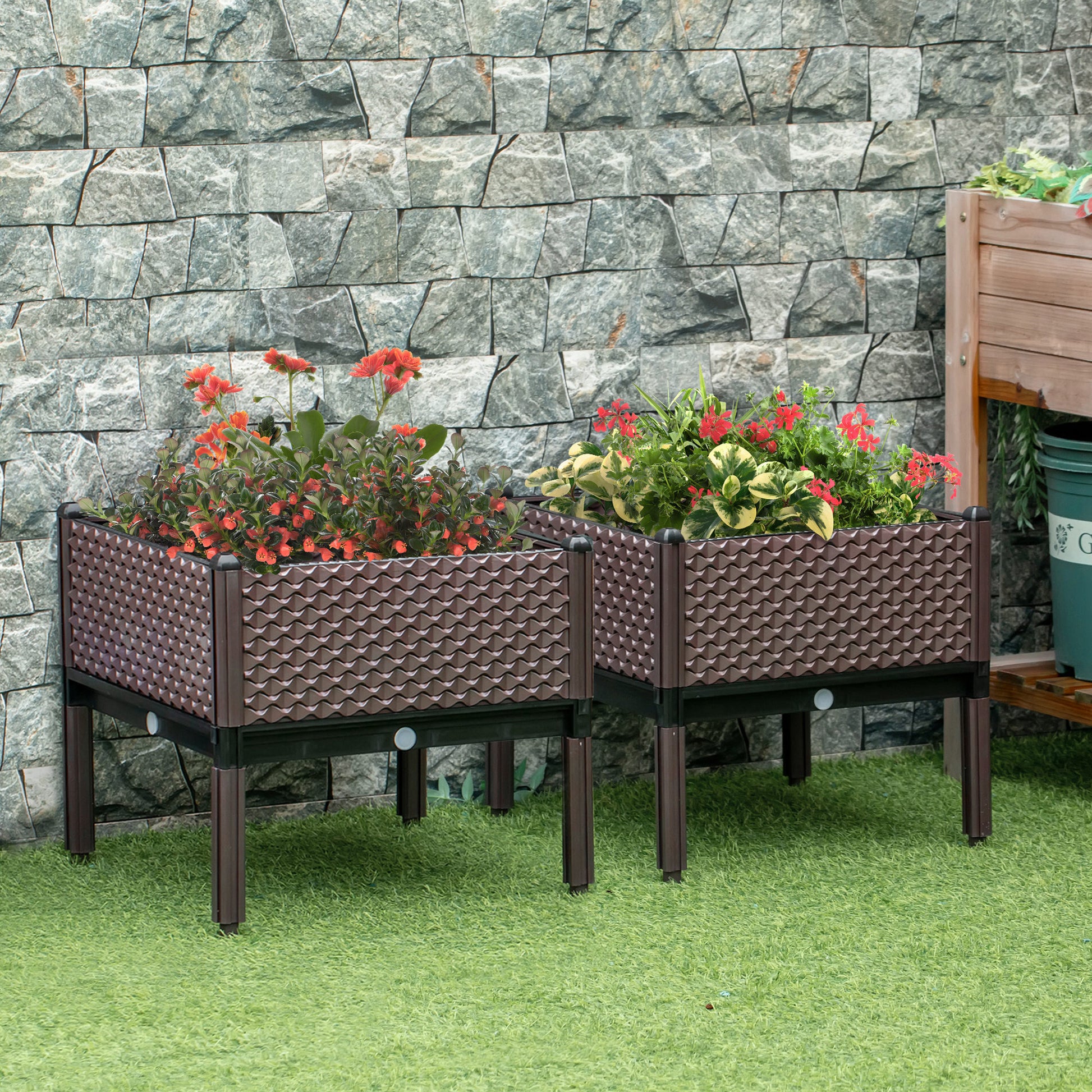 Set of 2 Outdoor Elevated Square Planters Free Combination Flower Pots for Garden Patio 19.7x19.7x18.3 inches Brown