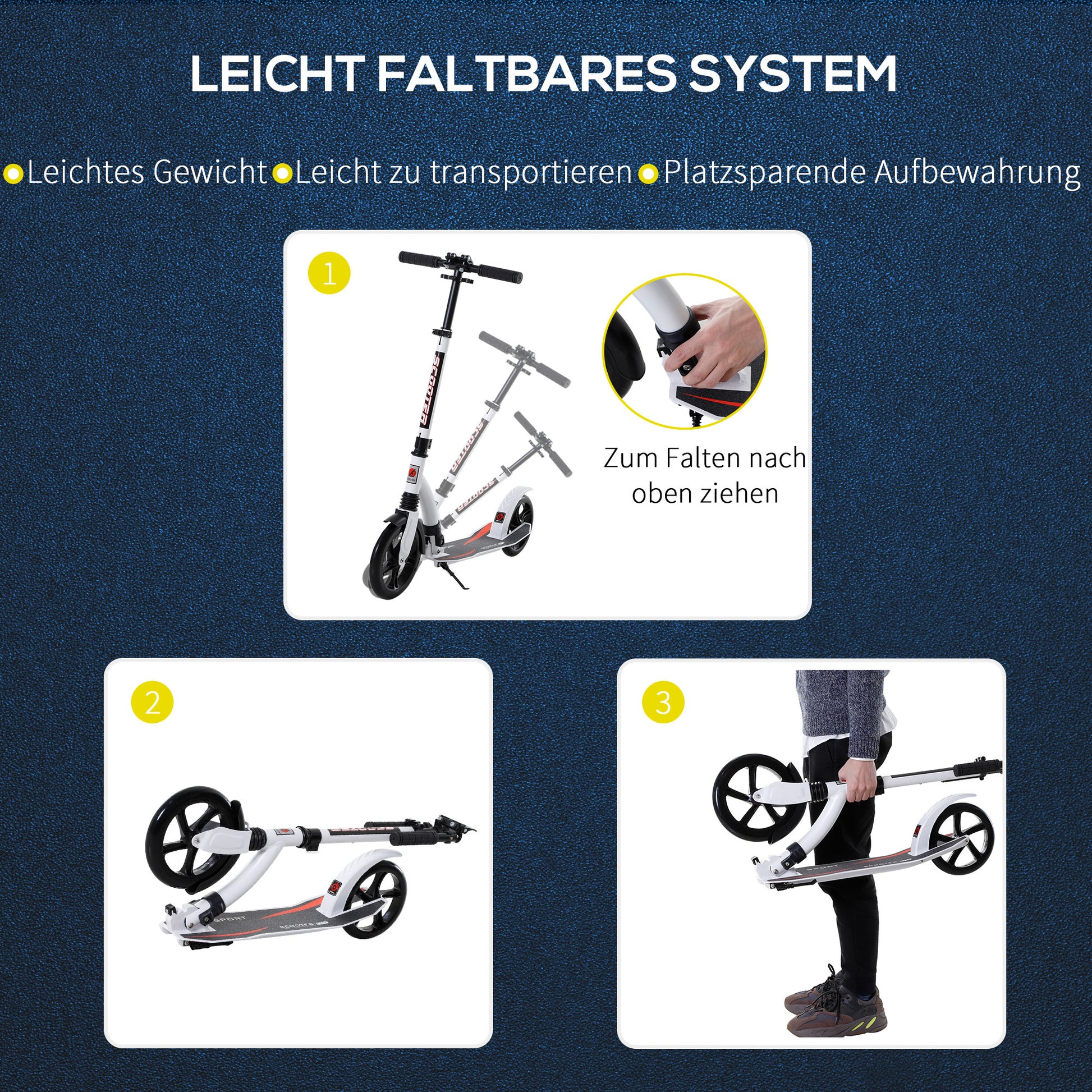 Kids Scooter, Kick Scooter with Shock Absorption, Folding and Height Adjustable, for Ages 14 and Up, Aluminum, White, 92.5 x 37.5 x 82-97 cm