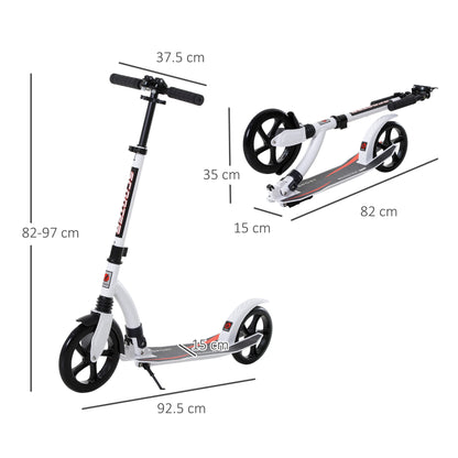 Kids Scooter, Kick Scooter with Shock Absorption, Folding and Height Adjustable, for Ages 14 and Up, Aluminum, White, 92.5 x 37.5 x 82-97 cm