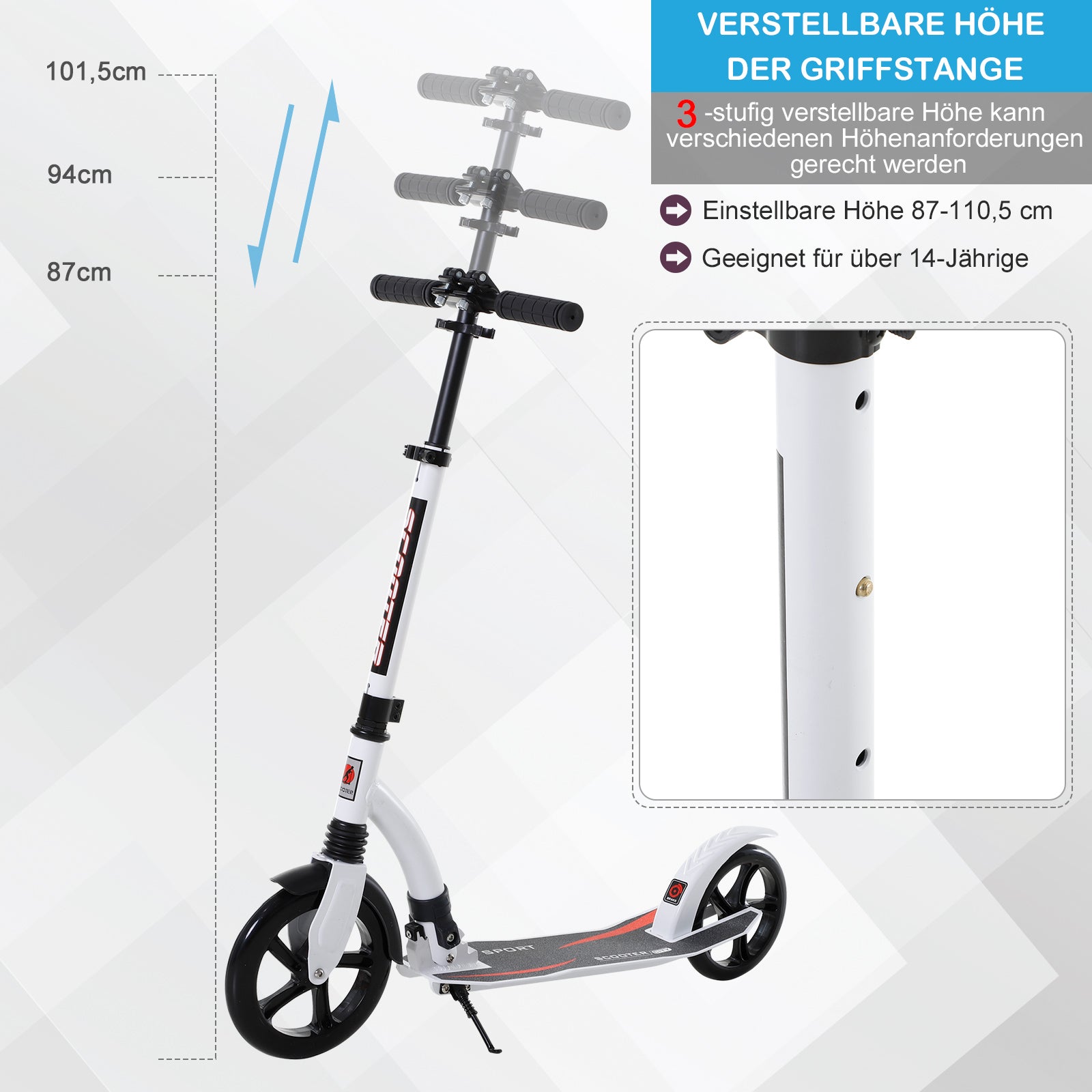 Kids Scooter, Kick Scooter with Shock Absorption, Folding and Height Adjustable, for Ages 14 and Up, Aluminum, White, 92.5 x 37.5 x 82-97 cm